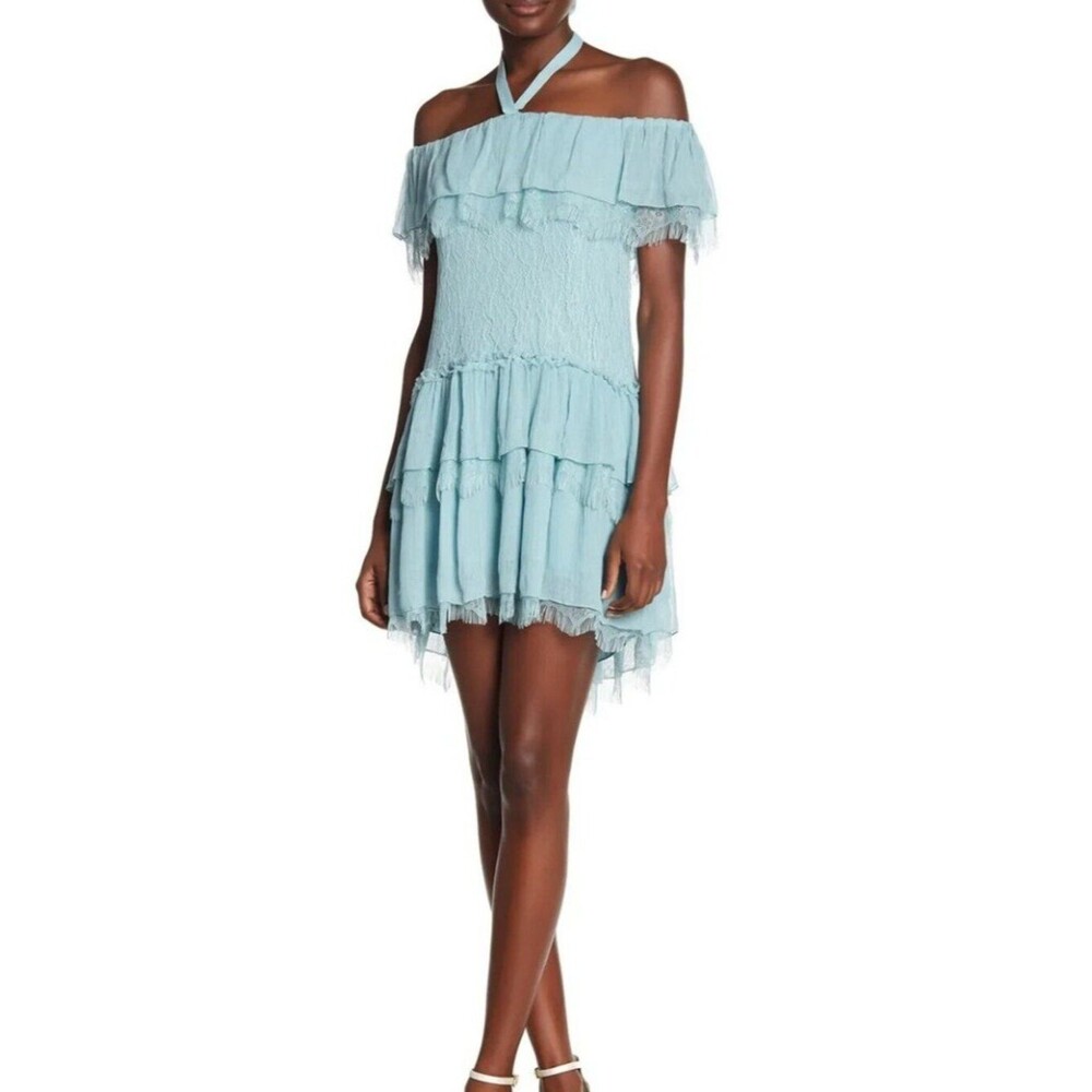 NWT Alice + Oliva Dress Size 4 Off The Shoulder Lace Mini Blue Icy Aqua Boho